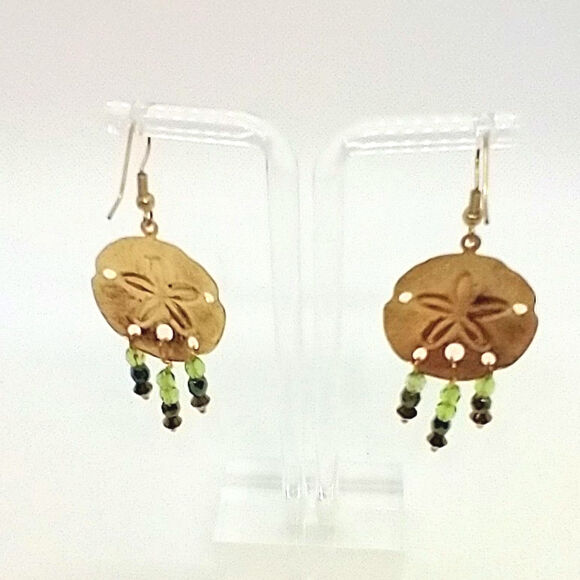 Sand Dollar Earrings Gold Tone w/Green  Beads Fishhook Ear Wires Handmade - Picture 1 of 4